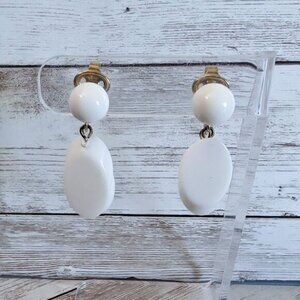 Vintage Trifari Clip On Earrings - White Double Dangle - Large